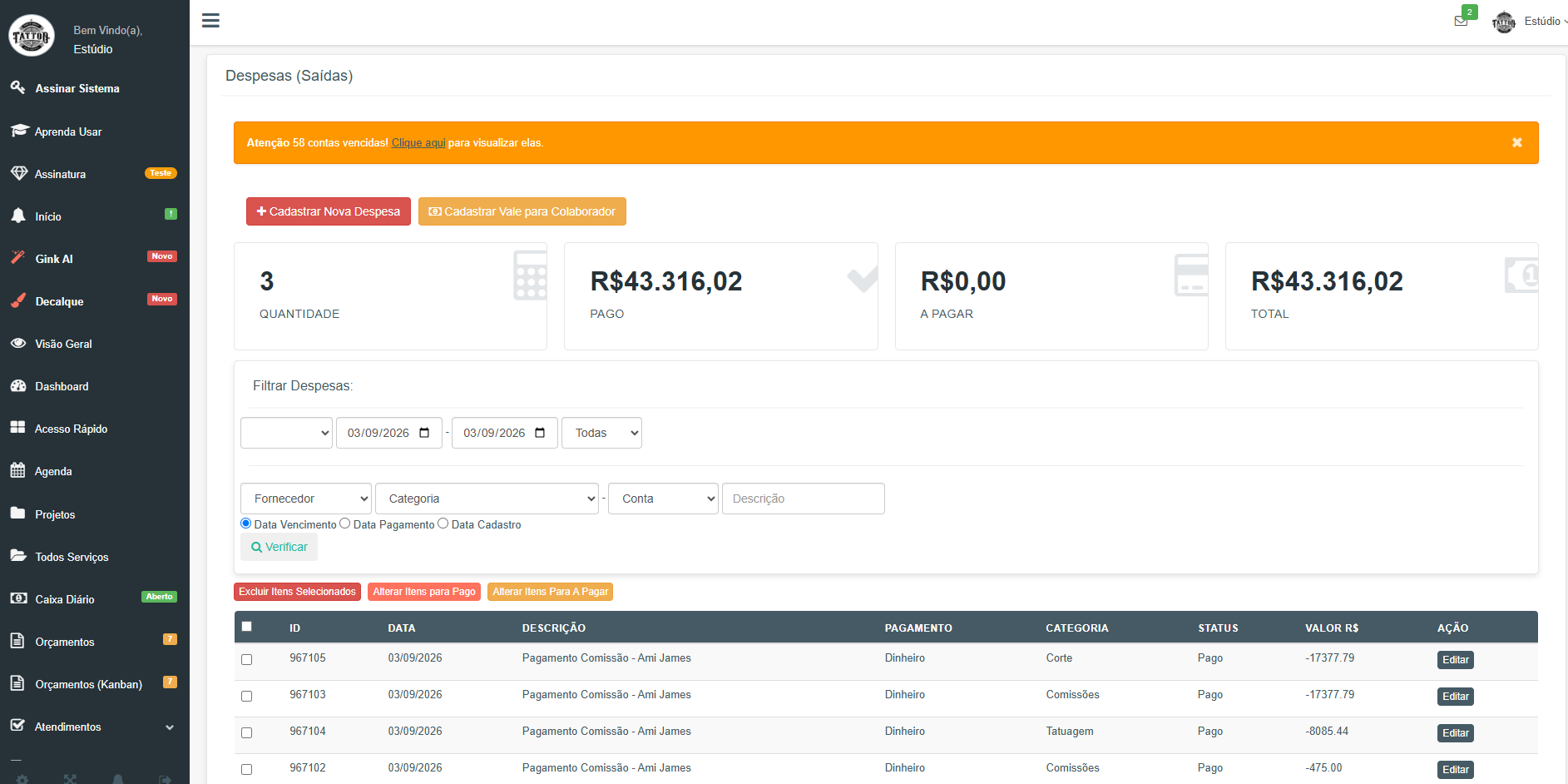 Módulo de controle de despesas com recorrência no GestãoInk para contas como aluguel, luz e internet
