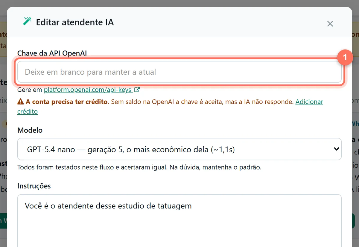 Janela Editar atendente IA com o campo Chave da API OpenAI destacado e o aviso A conta precisa ter crédito
