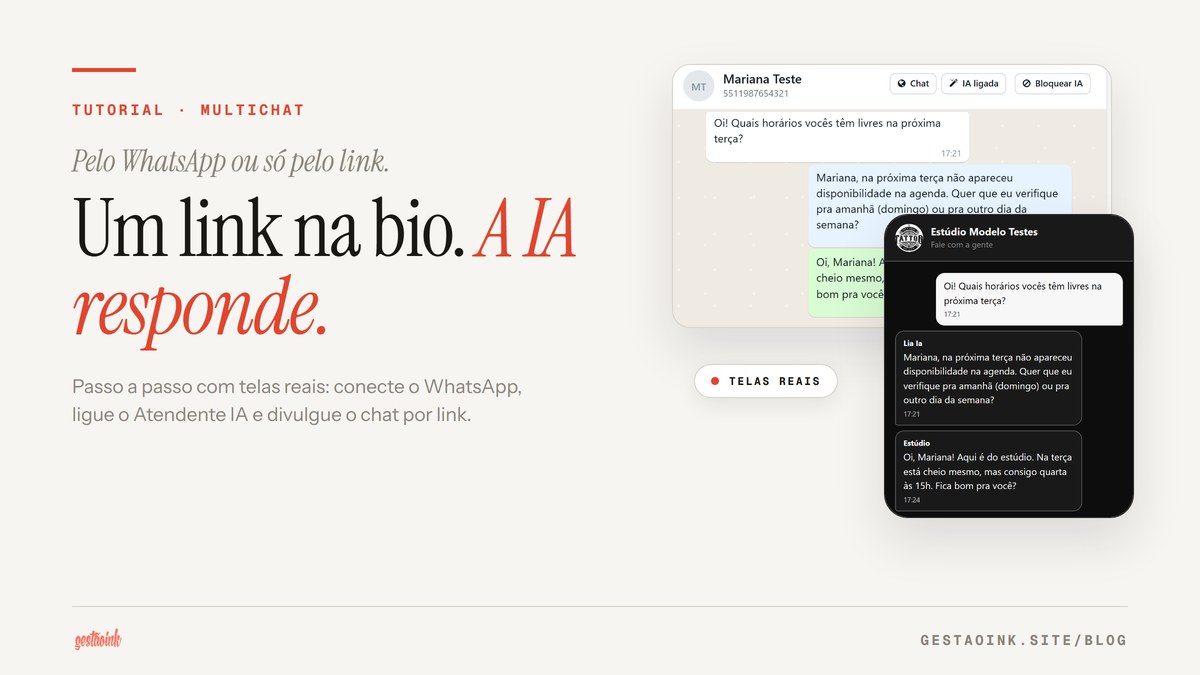 Capa do tutorial do Multichat com o título Um link na bio, a IA responde, ao lado de telas reais da conversa no Multichat e no celular da cliente