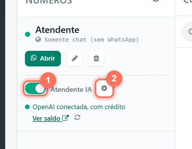Cartão da instância com a chave Atendente IA ligada e o botão de engrenagem destacados, e o aviso OpenAI conectada, com crédito
