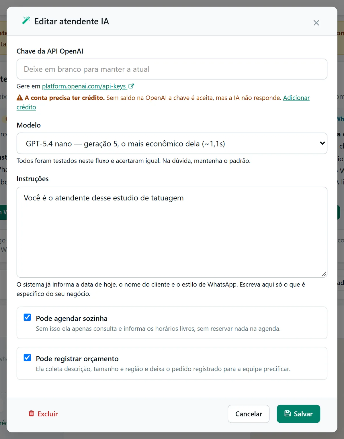 Janela Editar atendente IA com os campos chave da API OpenAI, modelo, instruções e as opções Pode agendar sozinha e Pode registrar orçamento