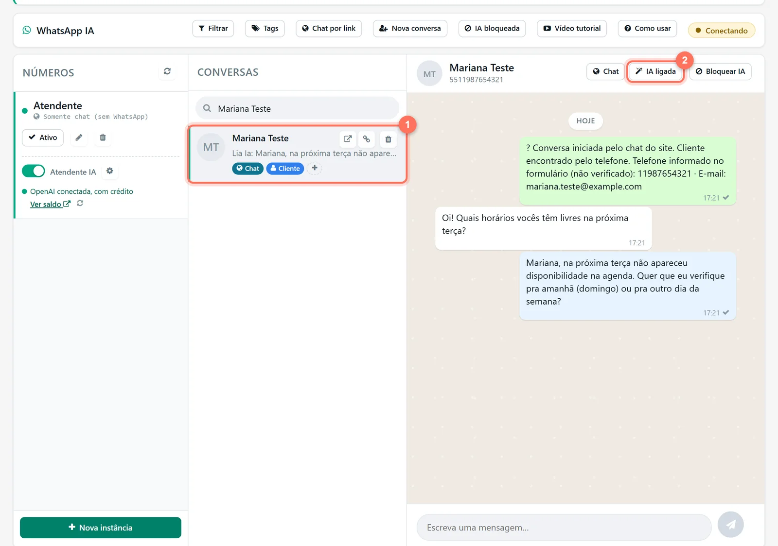 Multichat com a conversa da cliente aberta, os selos Chat e Cliente na lista e o botão IA ligada no topo da conversa destacados