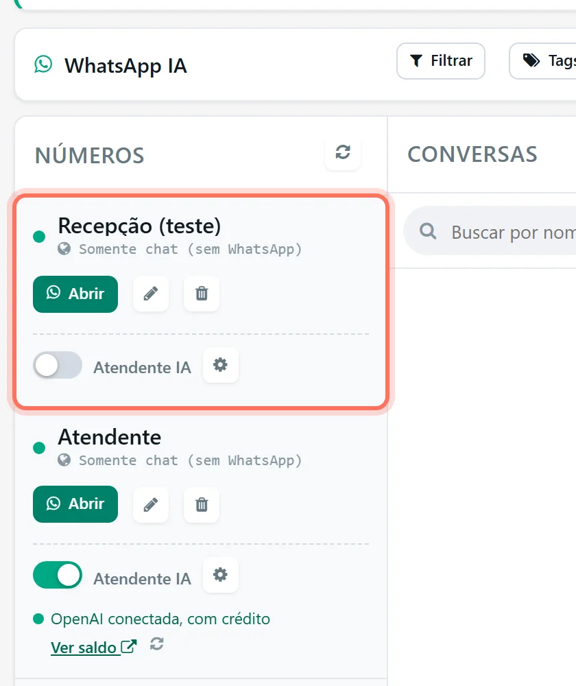 Coluna Números com a nova instância Recepção (teste) marcada como Somente chat e o Atendente IA desligado