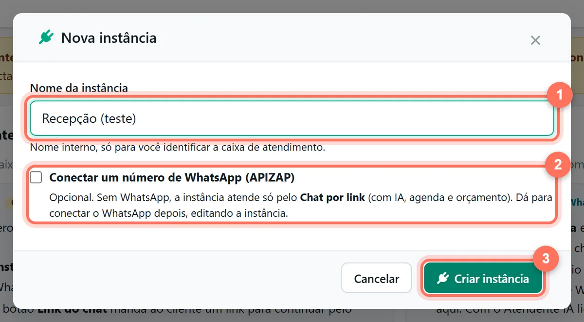 Janela Nova instância com o nome preenchido, a opção de WhatsApp desmarcada e o botão Criar instância destacados