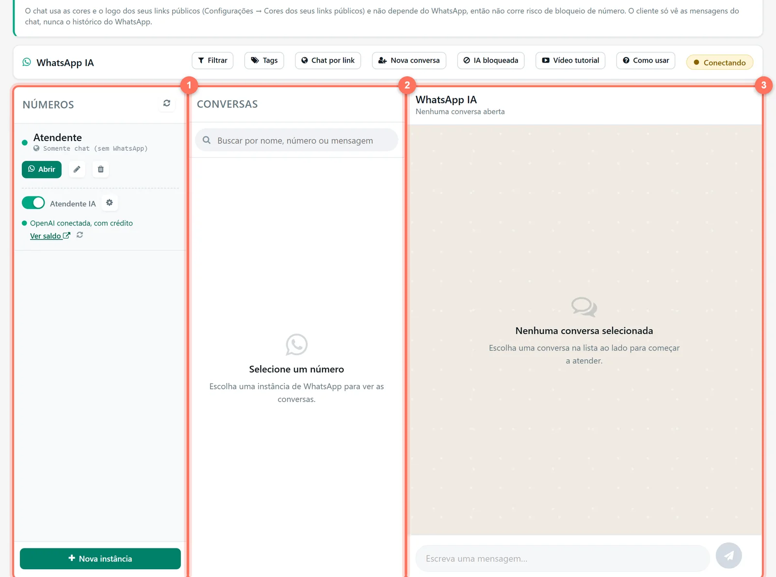 Área de atendimento do Multichat com as colunas Números, Conversas e a conversa aberta numeradas de 1 a 3